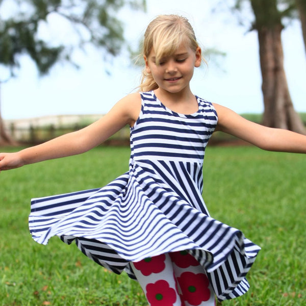 Little Cupcake Tank Full Circle Twirling Dress in Navy Stripe